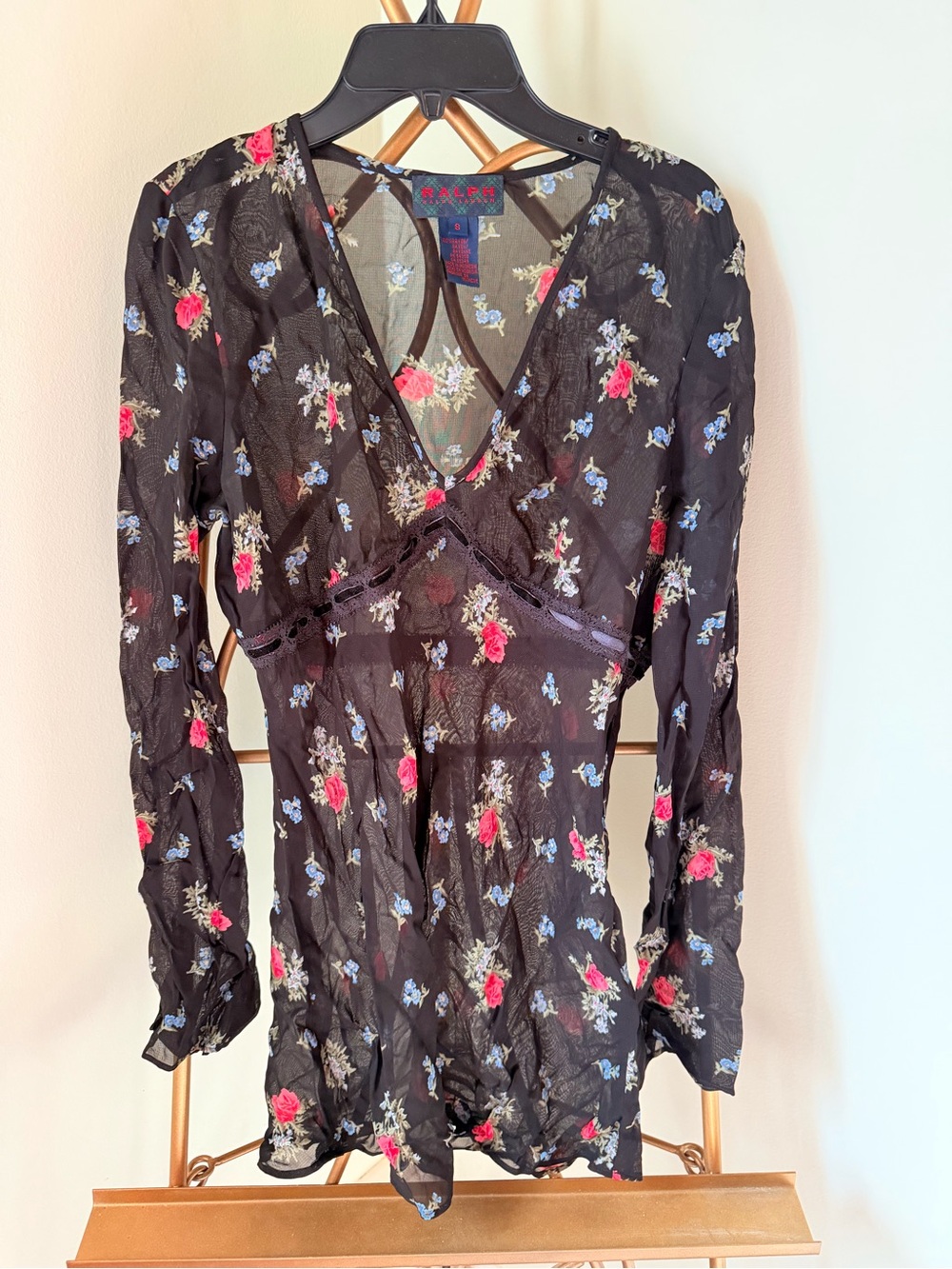 Ralph Lauren Women’s Sheer Black Floral V-Neck Blouse